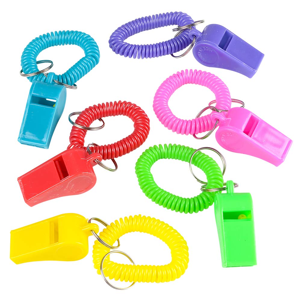 Bedwina Whistle for Kids with Bracelet - (Pack of 24) Bulk Whistles and Stretchable Coil Wrist Keychain Bracelets in Assorted Colors for Goodie Bag Fillers and Birthday Party Favors Multicolored